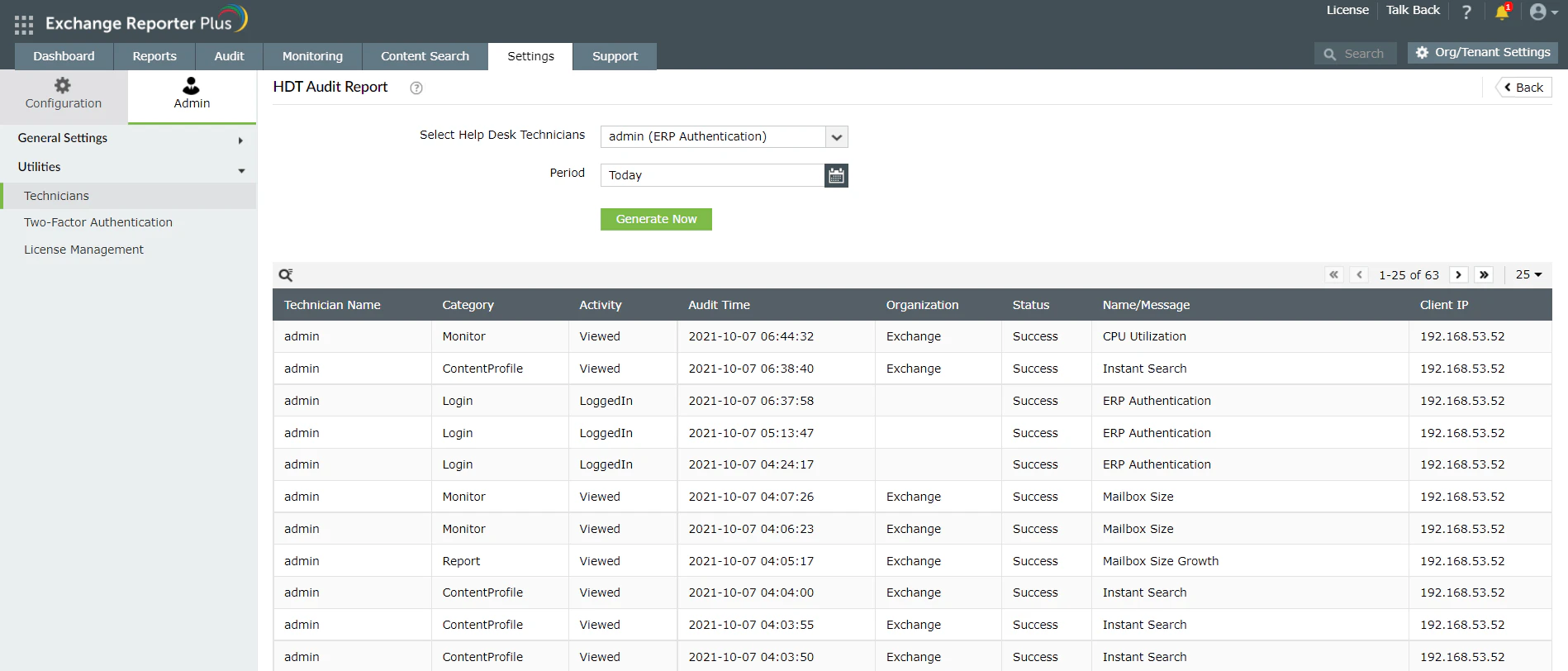 screenshot of ManageEngine Exchange Reporter Plus